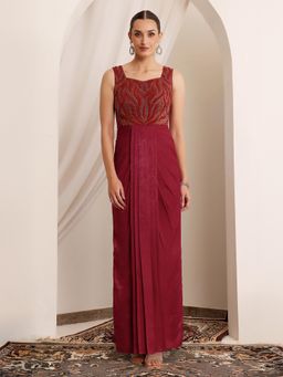 Miss Chase - Luxe Women's Embroidered Satin Gown in Red with Sweetheart Neckline
