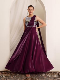 Miss Chase - Luxe Women's Round Neck Gown in Dark Purple with Embellished Satin Layers