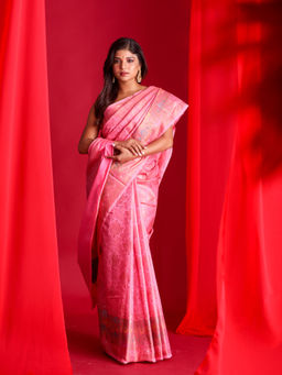 Beatitude - Pink Woven Banarasi Saree with Unstitched Blouse