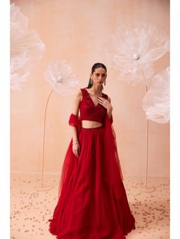 PARUL GANDHI - Red Scarlet Dream Lehenga With Blouse And Dupatta (Set of 3)