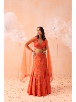 PARUL GANDHI - Candy Orange Lehenga With Blouse And Dupatta (Set of 3)