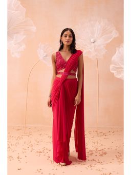 PARUL GANDHI - Pink Fuchsia Pre Drape Saree And Belt with Stitched Blouse