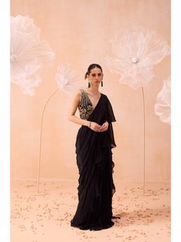PARUL GANDHI - Black Ruffle Pre Draped Saree with Stitched Blouse