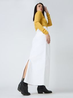 Globus - Women White Stretchable Solid Mid-Rise Back Slit Straight Maxi Denim Skirt