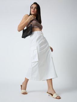 Globus - Women White Stretchable Solid Mid-Rise Straight Fit Midi Cargo Skirt