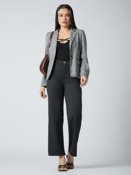 Globus - Women Black Self Checked Design Stretchable Mid-Rise Straight Fit Trousers