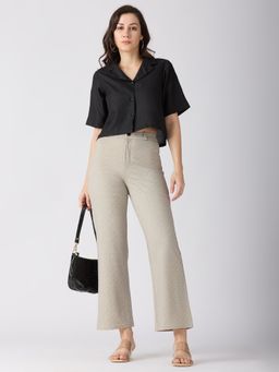 Globus - Women Beige Self Checked Design Stretchable Mid-Rise Straight Fit Trousers