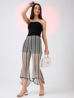 Globus - Women Black Self Design Crochet Mid Rise Flat Front Bootcut Trouser