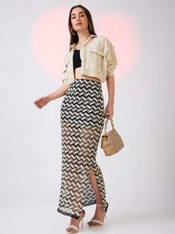 Globus - Women Black and White Chevron Pattern Crochet Mid Rise Side Slit Maxi Skirt
