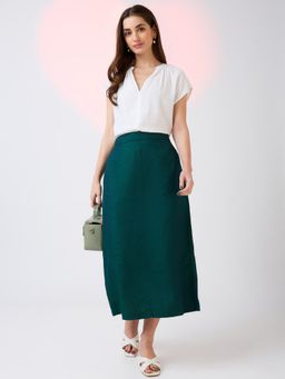 Globus - Women Dark Green Self Design Mid Rise Side Pockets Midi Workwear Skirt