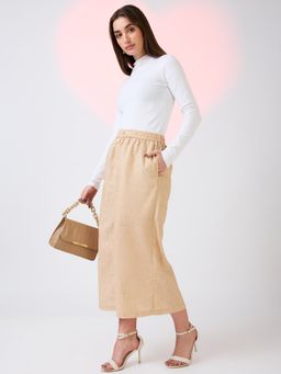 Globus - Women Beige Self Design Checkered Mid Rise Side Pockets Midi Workwear Skirt