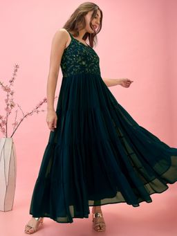 Globus - Women Teal Sequinned Floral Embroidered Georgette A-Line Tiered Maxi Dress