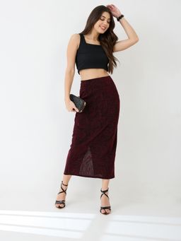 Globus - Women Red Shimmer Mid-Rise Back Slit Midi Pencil Party Skirt