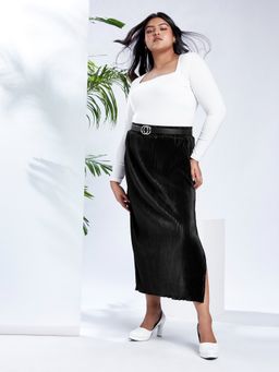 Globus - Gloplus Women Black Mid-Rise Accordion Pleats Side Slits Plus Size Straight Maxi Party Skirt