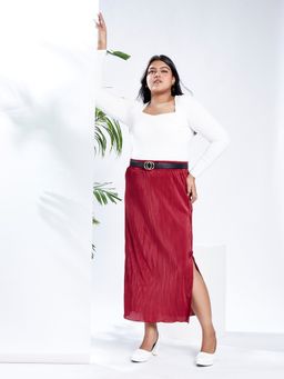 Globus - Gloplus Women Maroon Mid-Rise Accordion Pleats Side Slits Plus Size Straight Maxi Party Skirt