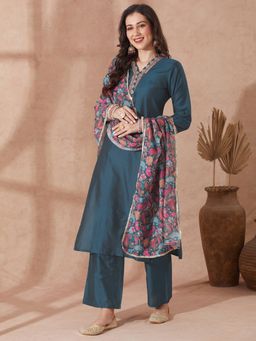Globus - Women Teal Viscose Kurta with Pant and Dupatta (Set of 3)
