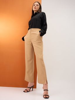 Globus - Womens Khaki Solid Slits Relaxed Fit Formal Trouser