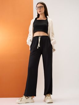 Globus - Womens Black Solid Mid Rise Stretchable Straight Fit Trouser