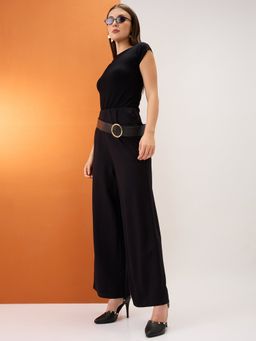 Globus - Womens Black Solid Mid Rise Relaxed Fit Formal Wide Leg Trouser