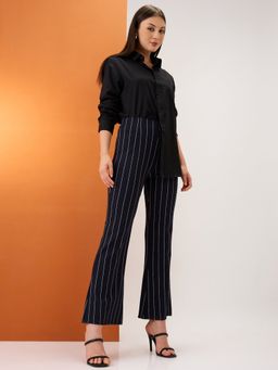 Globus - Womens Navy Blue Stripes Stretchable Bootcut Formal Trouser