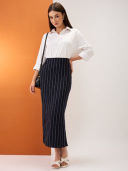 Globus - Women Navy Striped Mid-Rise Stretchable Side Slit Midi Pencil Skirt