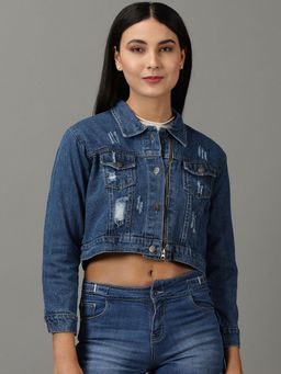 SHOWOFFFF - Womens Solid Navy Blue Spread Collar Crop Denim Jacket