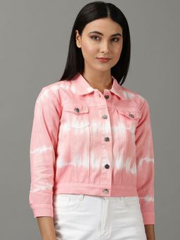 SHOWOFFFF - Womens Tie and Dye Pink Spread Collar Regular Denim Jacket