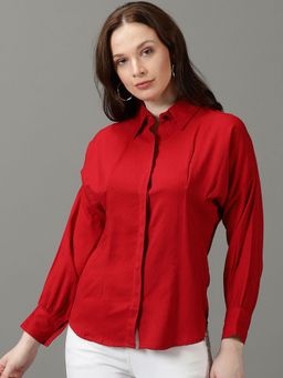 SHOWOFFFF - Womens Spread Collar Solid Long Sleeves Red Shirt
