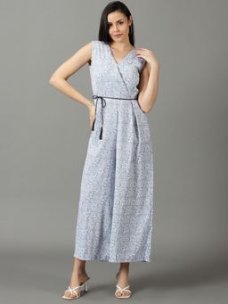 SHOWOFFFF - Womens V-Neck Printed Blue Jumpsuit