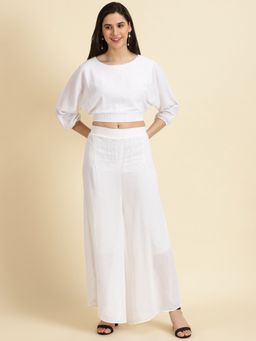 SHOWOFF - Womens Round Neck Self Design Long Sleeves White Co-Ord (Set of 2)