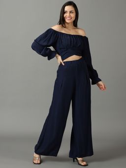SHOWOFF - Womens Off-Shoulder Solid Long Sleeves Navy Blue Co-Ord (Set of 2)