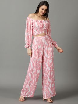 SHOWOFF - Womens Off-Shoulder Printed Long Sleeves Pink Co-Ord (Set of 2)
