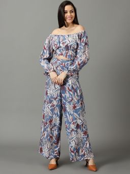 SHOWOFFFF - Womens Off-Shoulder Printed Long Sleeves Blue Co-Ord (Set of 2)