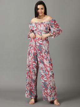 SHOWOFF - Womens Off-Shoulder Printed Long Sleeves Pink Co-Ord (Set of 2)