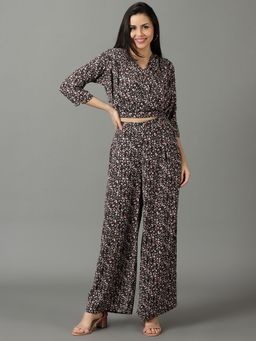 SHOWOFFFF - Womens V-Neck Printed Three-Quarter Sleeves Black Co-Ord (Set of 2)