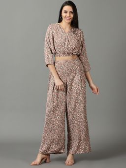 SHOWOFF - Womens V-Neck Printed Three-Quarter Sleeves Taupe Co-Ord (Set of 2)