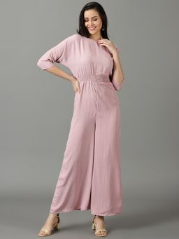SHOWOFF - Womens Boat Neck Striped Pink Jumpsuit