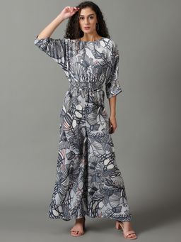 SHOWOFF - Womens Boat Neck Printed Blue Jumpsuit