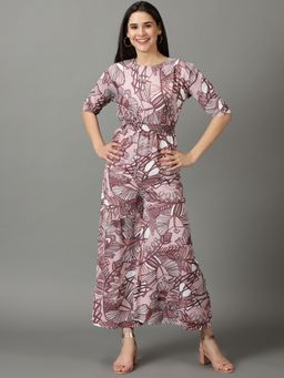 SHOWOFF - Womens Boat Neck Printed Pink Jumpsuit