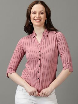 SHOWOFF - Womens Spread Collar Striped Three-Quarter Sleeves Pink Shirt