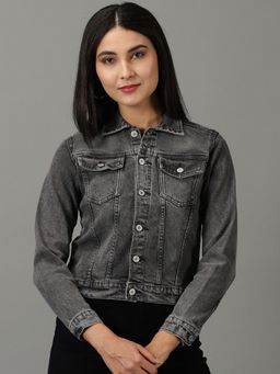 SHOWOFFFF - Womens Solid Grey Spread Collar Regular Denim Jacket