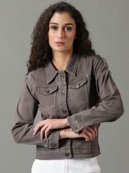 SHOWOFFFF - Womens Solid Taupe Spread Collar Regular Denim Jacket