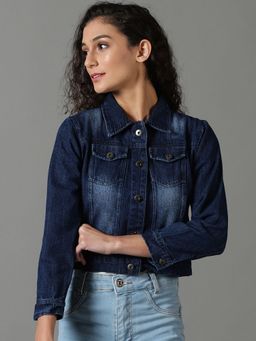 SHOWOFFFF - Womens Solid Navy Blue Spread Collar Regular Denim Jacket