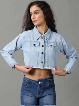 SHOWOFFFF - Womens Solid Blue Spread Collar Crop Denim Jacket