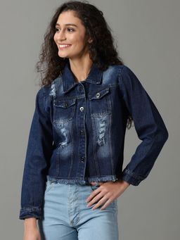 SHOWOFFFF - Womens Self Design Navy Blue Spread Collar Regular Denim Jacket