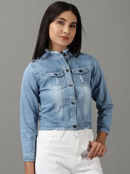 SHOWOFFFF - Womens Solid Blue Regular Denim Jacket