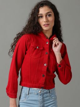 SHOWOFFFF - Womens Solid Red Hooded Regular Denim Jacket
