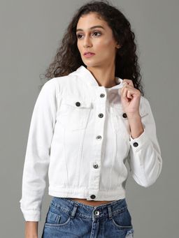 SHOWOFFFF - Womens Solid White Hooded Regular Denim Jacket