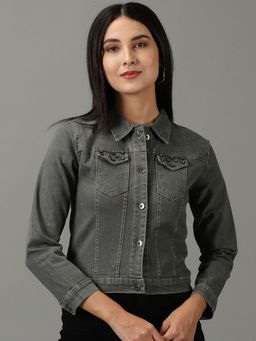 SHOWOFFFF - Womens Solid Straight Grey Denim Jacket