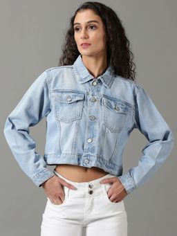 SHOWOFFFF - Womens Solid Blue Spread Collar Regular Denim Jacket